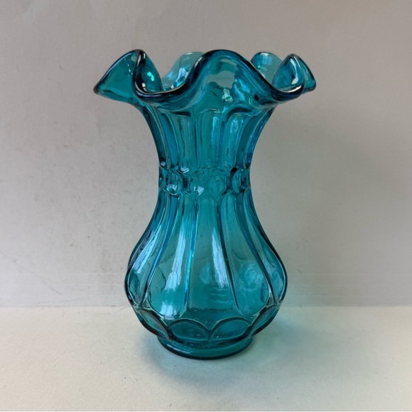 Vintage Fenton Flute and Dot Turquoise Teal Blue Glass Vase - Picture 2 of 8